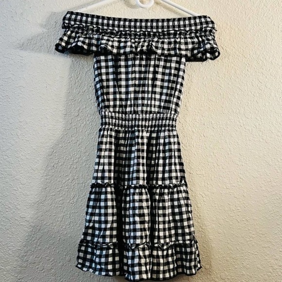 Majorelle off the shoulder black & white ruffle plaid checkers mini dress XS